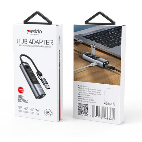 Hub Yesido (HB21), USB Type-C la 3x USB / USB-C / RJ45, PD100W, Gri