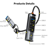 Hub Yesido (HB21), USB Type-C la 3x USB / USB-C / RJ45, PD100W, Gri