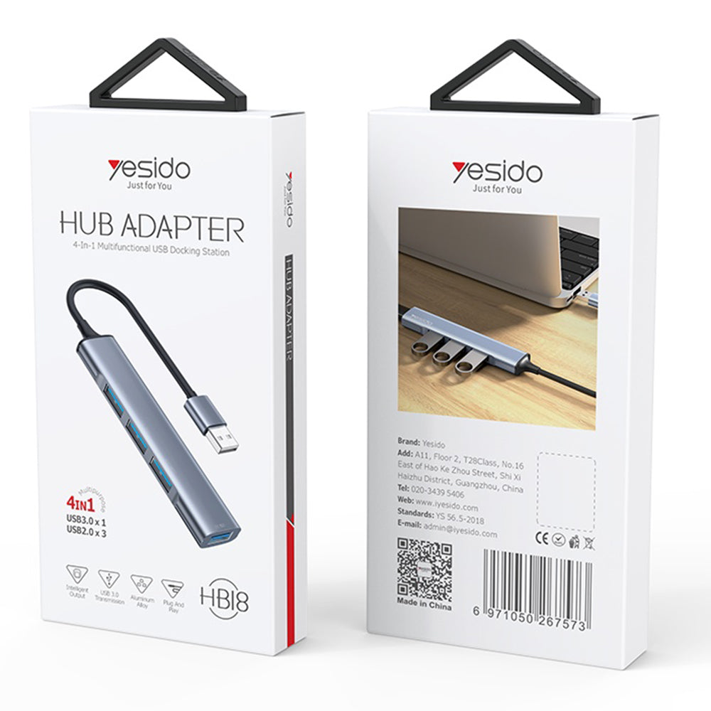 Hub/Dock Yesido Docking Station 4in1 (HB18), USB to 1x USB3.0, 3x USB2.0, Plug&Play, 5Gbps, Aluminum Alloy, Gri