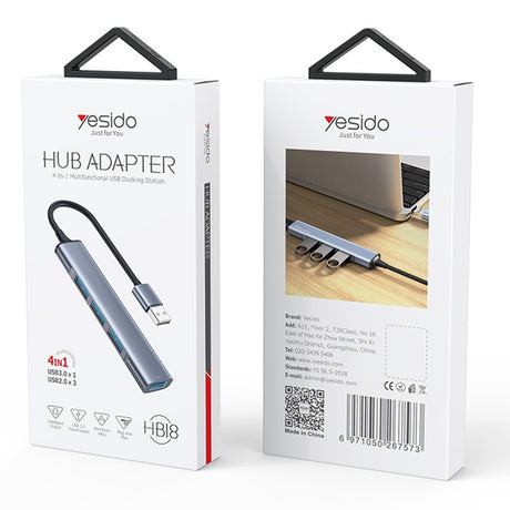 Hub/Dock Yesido Docking Station 4in1 (HB18), USB to 1x USB3.0, 3x USB2.0, Plug&Play, 5Gbps, Aluminum Alloy, Gri