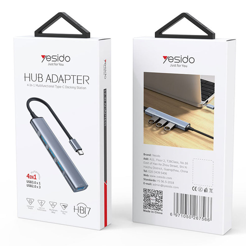 Hub/Dock Yesido Docking Station 4in1 (HB17), Type-C to 1x USB3.0, 3x USB2.0, Plug&Play, 5Gbps, Aluminum Alloy, Gri