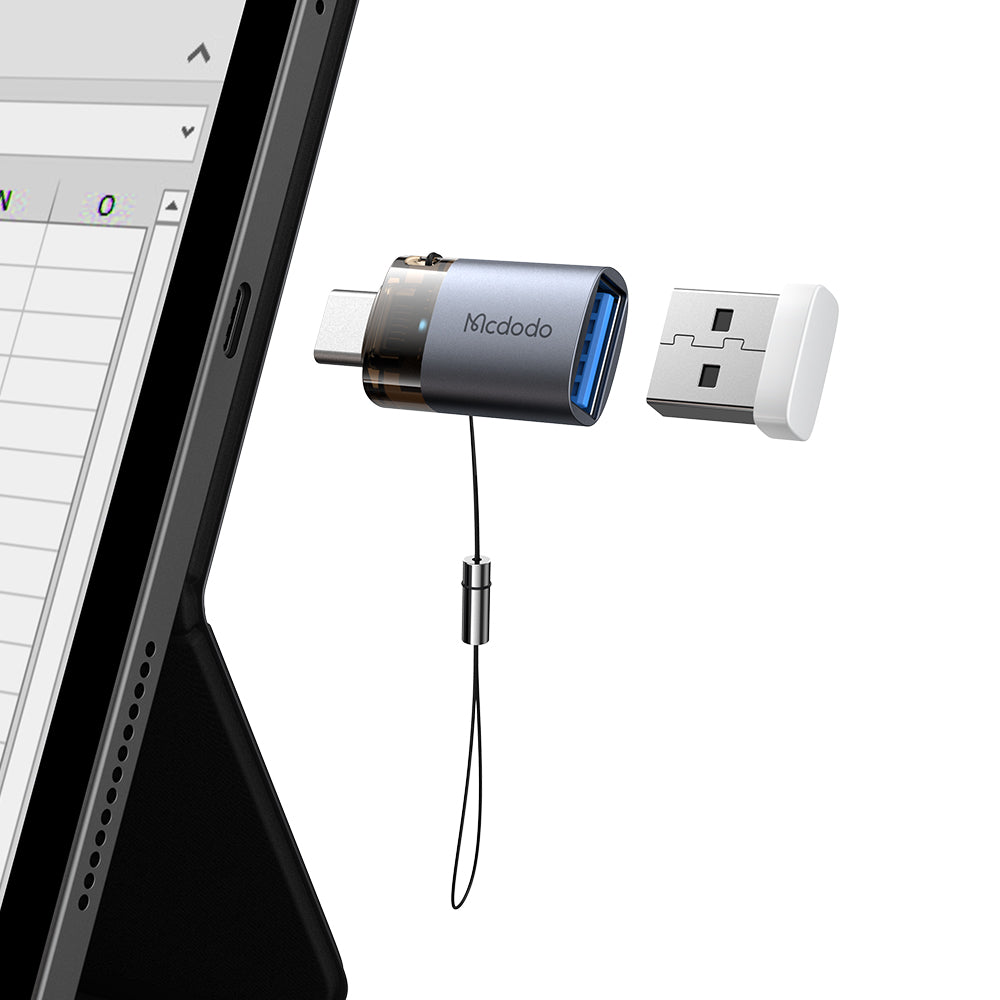 Adaptor Mcdodo OTG Adapter (OT-7400), USB3.0 to Type-C, Aluminium Alloy, Charging & Data Sync, 5Gbps, Blue Light, Lanyard, Negru