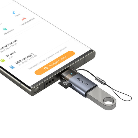 Adaptor Mcdodo OTG Adapter 2in1 (OT-7600), USB to USB-C, Built-in Card Reader, Charging & Data, 5Gbps, Blue Light, Lanyard, Negru