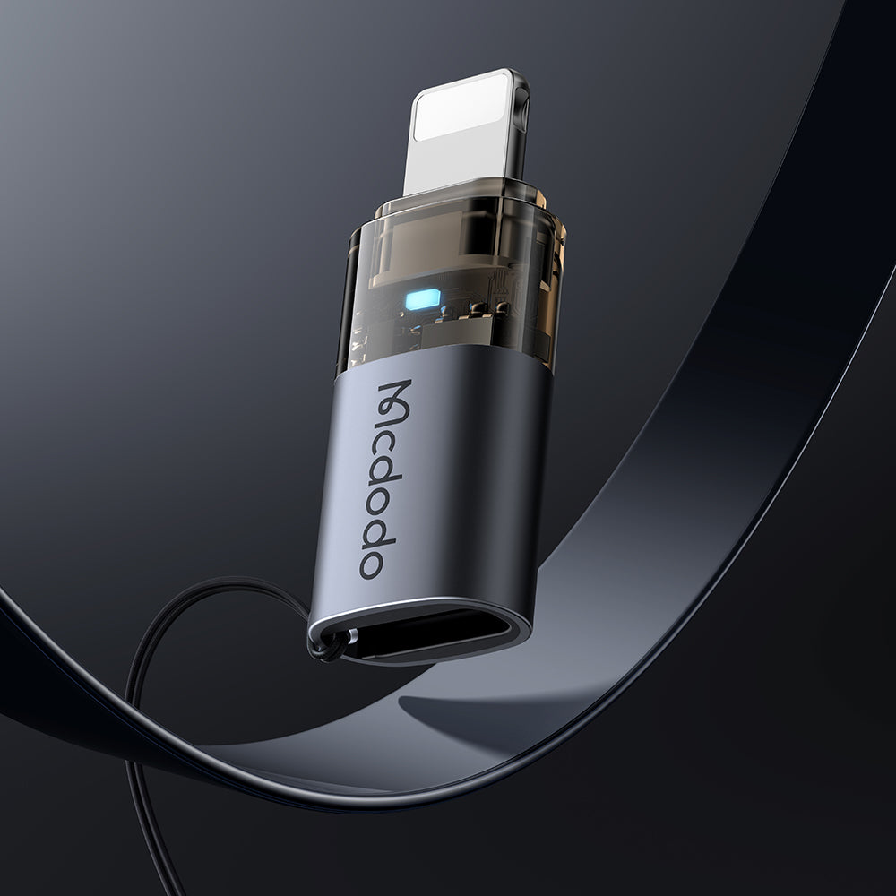 Adaptor Mcdodo OTG Adapter (OT-7630), USB-C to Lightning, Aluminium Alloy, Charging & Data Sync, 36W, Blue Light, Lanyard, Negru