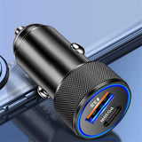 Incarcator Techsuit Premium Car VoltDuo (C2), with LED Light, USB QC 3.0, Type-C PD30W, 5V/3A, ABS, Metal, Negru