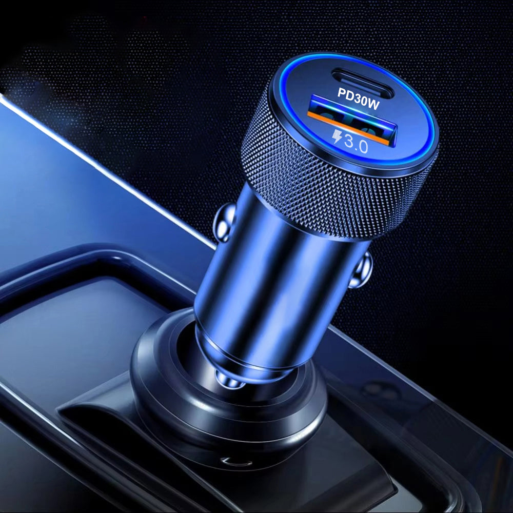 Incarcator Techsuit Premium Car VoltDuo (C2), with LED Light, USB QC 3.0, Type-C PD30W, 5V/3A, ABS, Metal, Negru
