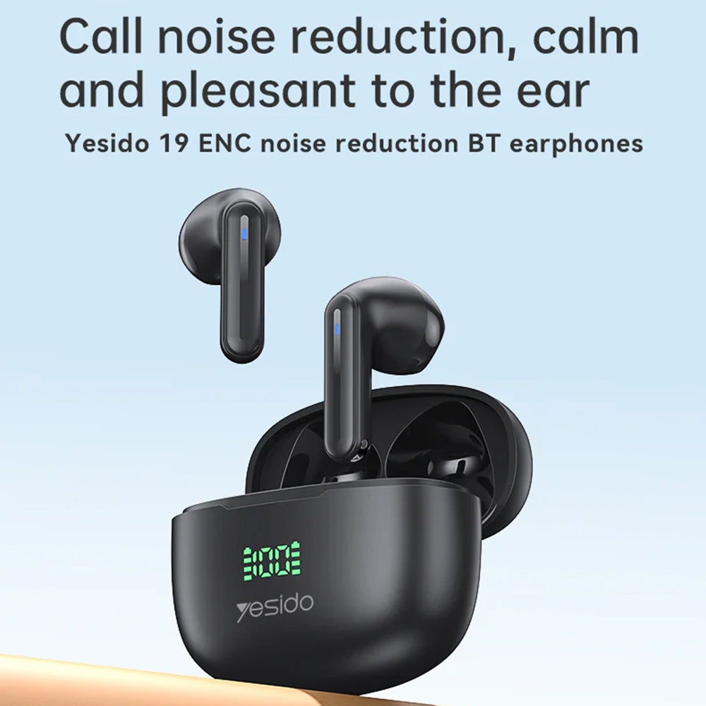 Casti Yesido (TWS19), with ENC, Touch Control, Bluetooth V5.3, LED Display, Half-In-ear Design, 470mAh, Negru