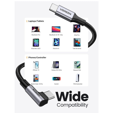Cablu Ugreen US334 (70643), USB-C to USB-C 90 Degree Cable, Fast Charging 5A, 100W, 1m, Nylon, Gri Spatial