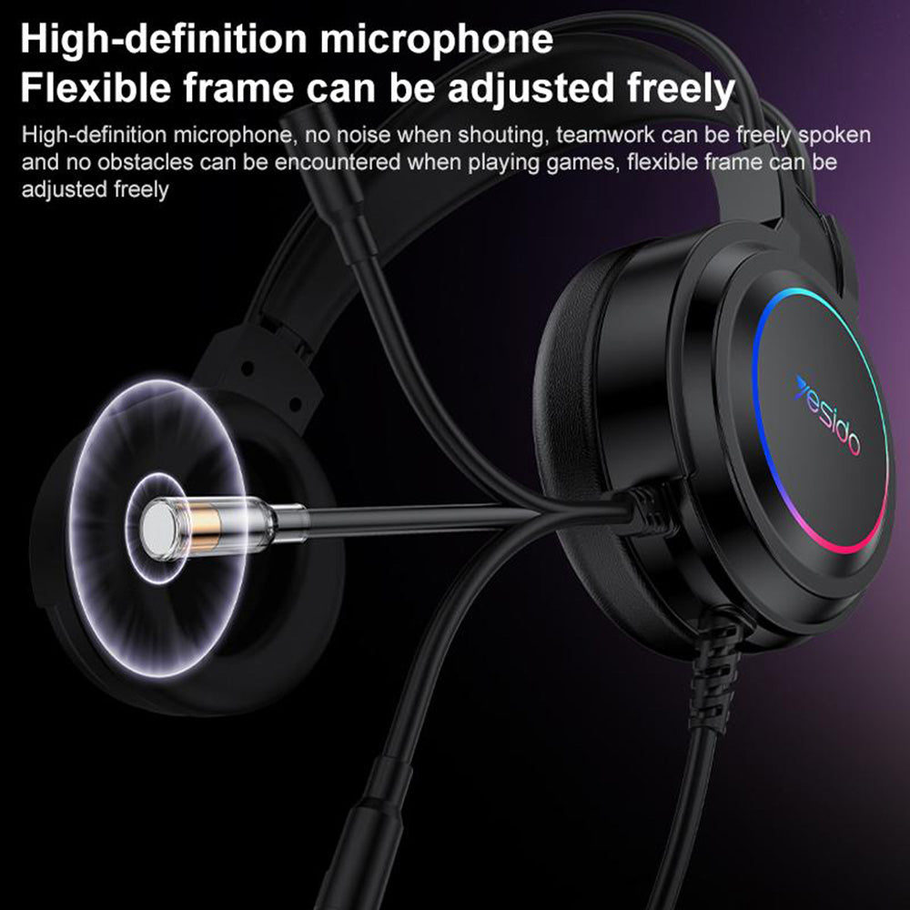 Casti Yesido Wired (EK05), for Gaming, USB, with Microphone, RGB LED Lights, Negru