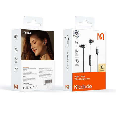 Casti Mcdodo Wired Earphones (HP-5830), Type-C, RGB Lighting, Aluminium Alloy, Nylon, DAC, In-Ear Design, 1.2m, Negru