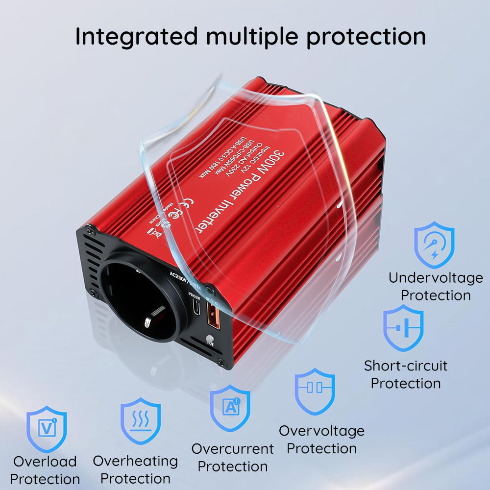Gadget Techsuit Car Power Inverter FlexiCarVolt (IA1), Type-C, USB-A, Pocket Socket, PD65W, 300W, Rosu
