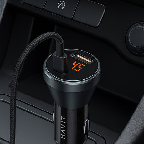 Incarcator Havit Car (CC2017), Type-C, USB, 45W, 3A, Visible Internal Structural Design, Negru / Blue