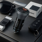 Incarcator Havit Car (CC2017), Type-C, USB, 45W, 3A, Visible Internal Structural Design, Negru / Blue