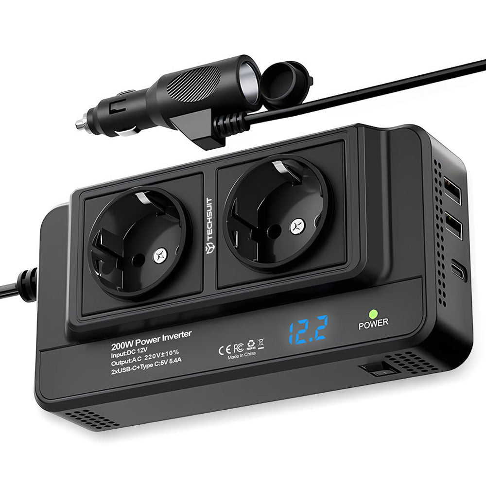 Gadget Techsuit Car Power Inverter PowerDriveX (IA2), Type-C, 2x USB-A, 2x AC Power Sockets, 220V, 200W, Negru