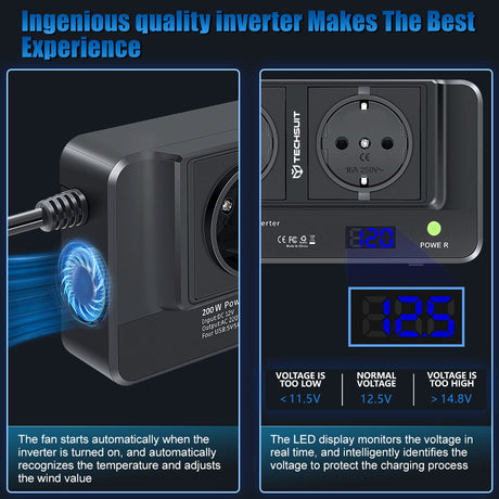 Gadget Techsuit Car Power Inverter PowerDriveX (IA2), Type-C, 2x USB-A, 2x AC Power Sockets, 220V, 200W, Negru