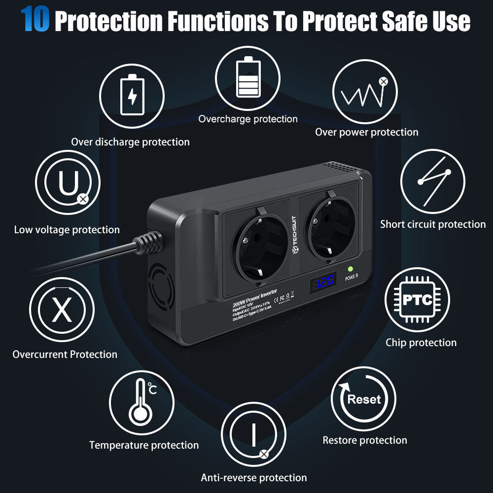 Gadget Techsuit Car Power Inverter PowerDriveX (IA2), Type-C, 2x USB-A, 2x AC Power Sockets, 220V, 200W, Negru