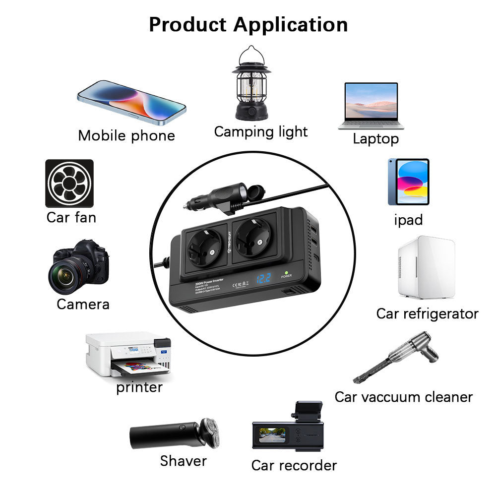 Gadget Techsuit Car Power Inverter PowerDriveX (IA2), Type-C, 2x USB-A, 2x AC Power Sockets, 220V, 200W, Negru