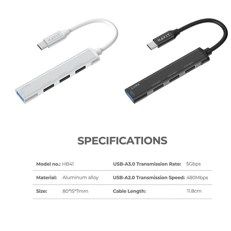 Hub/Dock Havit Docking Station (HB41), USB 3.0, 3x USB 2.0, 11.8cm Cable Length, Aluminium Alloy, Argintiu