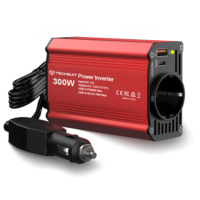 Gadget Techsuit Car Power Inverter FlexiCarVolt (IA1), Type-C, USB-A, Pocket Socket, PD65W, 300W, Rosu
