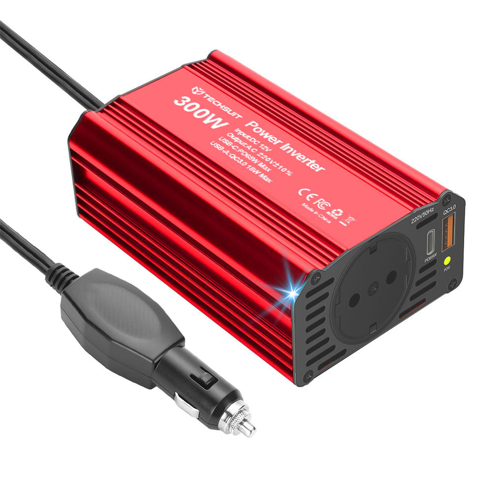 Gadget Techsuit Car Power Inverter FlexiCarVolt (IA1), Type-C, USB-A, Pocket Socket, PD65W, 300W, Rosu