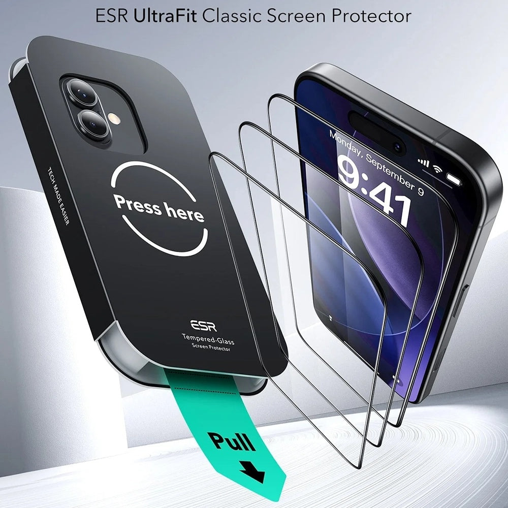 Folie de protectie ESR Tempered Glass UltraFit (set de 3) compatibil cu iPhone 17 / iPhone 16 Pro, Negru