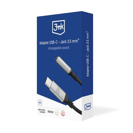 Adaptor 3mk Audio Cable Adapter, USB-C to Jack 3.5mm, DAC Chip, Aluminium, Gri