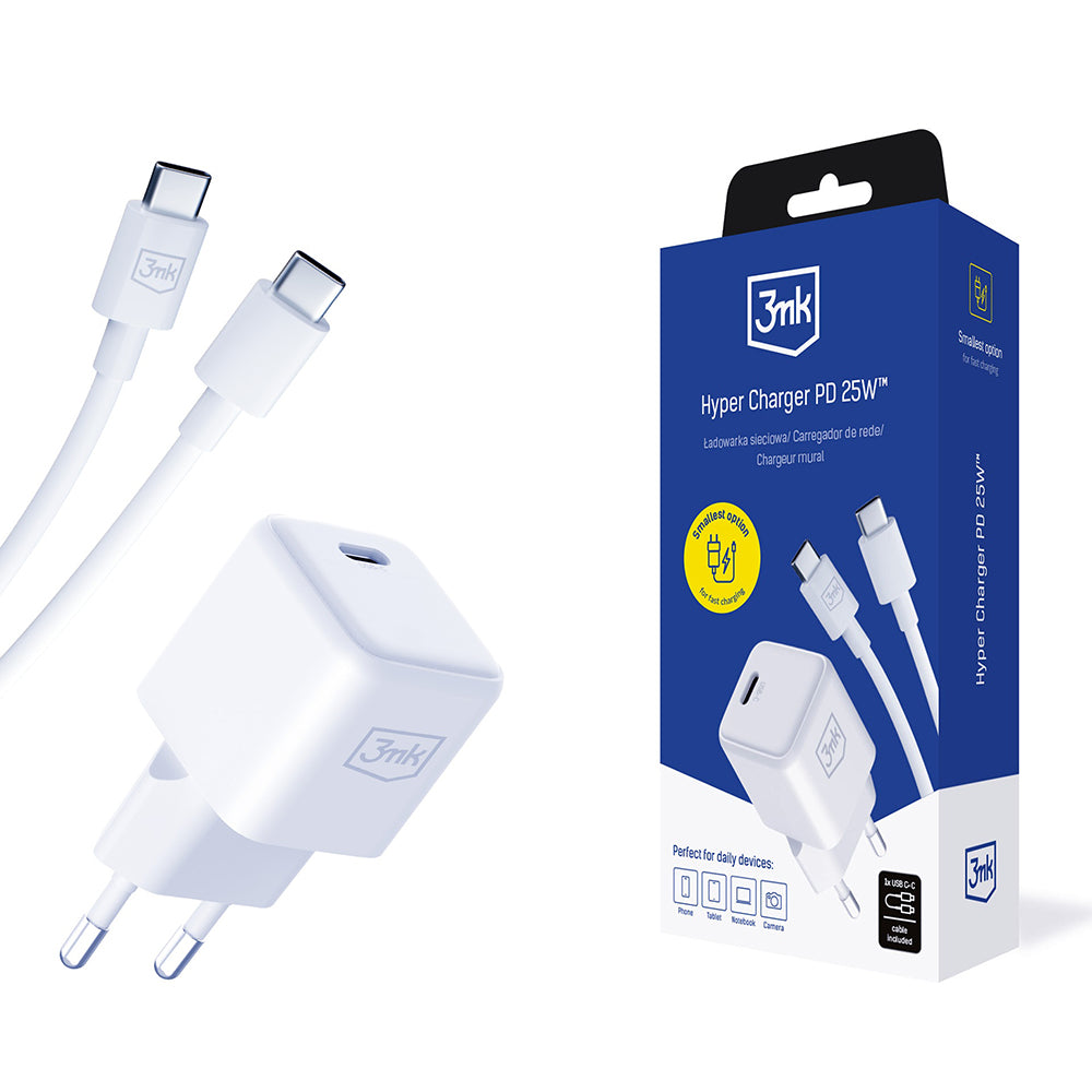 Incarcator 3mk Hyper, USB-C Cable Included, Type-C Port, PD25W, GaN Technology, Alb