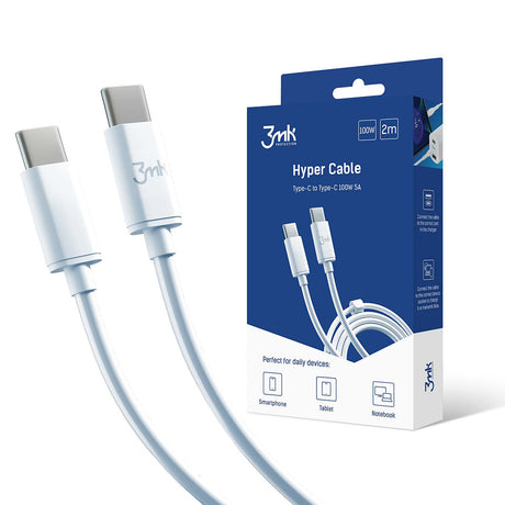 Cablu 3mk Hyper, USB-C to USB-C, 100W, 5A, 2m, Alb