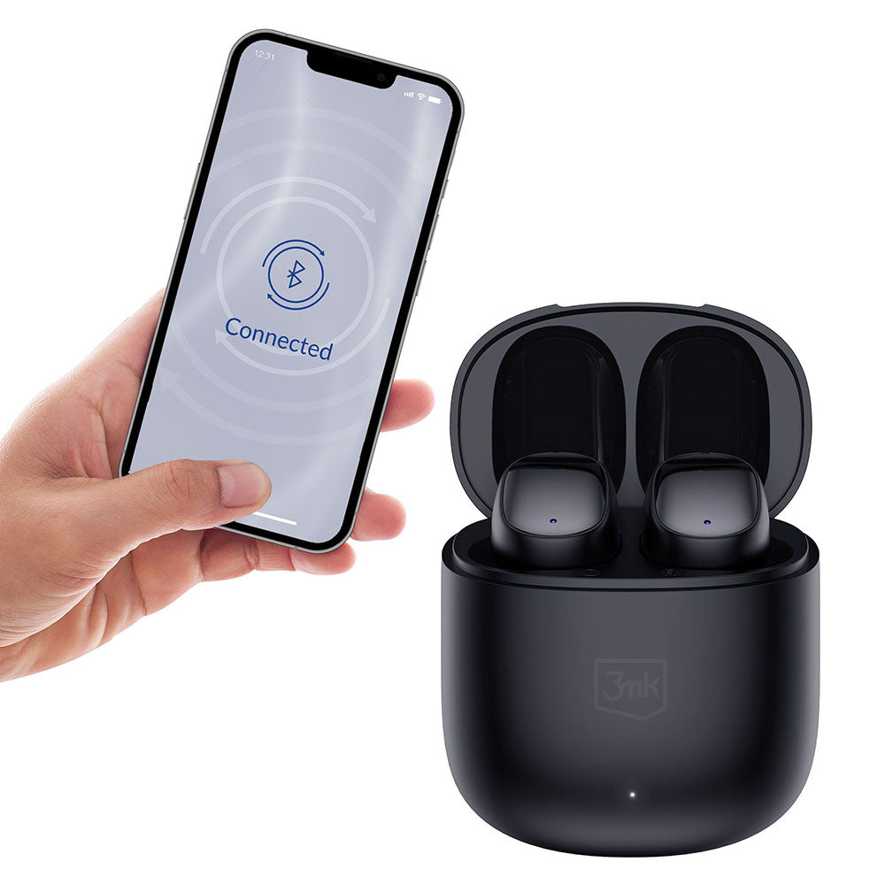 Casti 3mk Wireless FlowBuds, Bluetooth V5.3, Hi-Fi Sound Quality, Passive Noise Cancellation, Touch Control, Negru