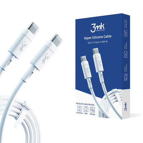 Cablu 3mk Hyper Silicone, USB-C to USB-C, 60W, 3A, 1m, Alb