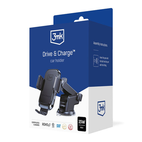 Suport 3mk with Wireless Charging Drive & Charge, for Dashboard/Windscreen/Air Vent, Automatic Adjustment, 15W, Negru