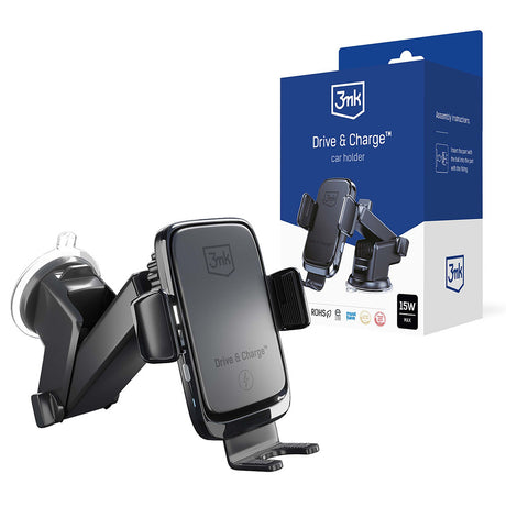 Suport 3mk with Wireless Charging Drive & Charge, for Dashboard/Windscreen/Air Vent, Automatic Adjustment, 15W, Negru