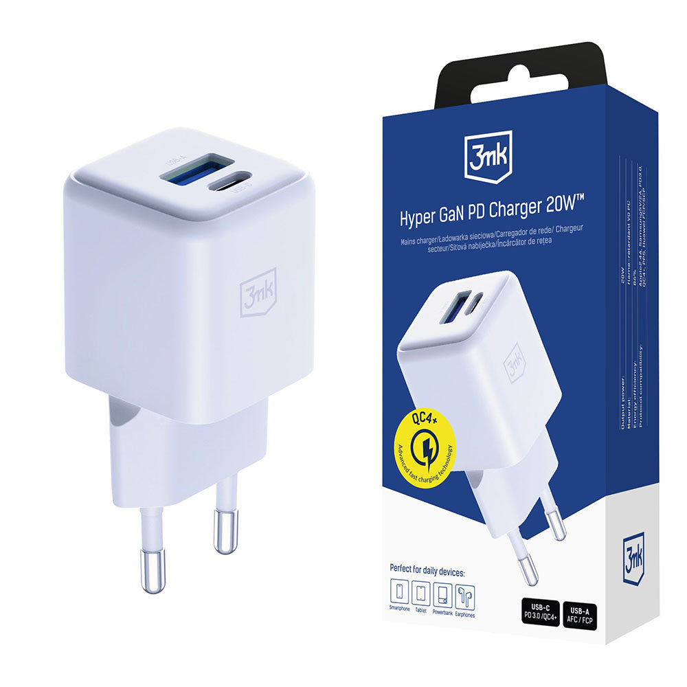 Incarcator 3mk Hyper, USB-A, USB-C, GaN Technology, QC4 + PD, 20W, Alb
