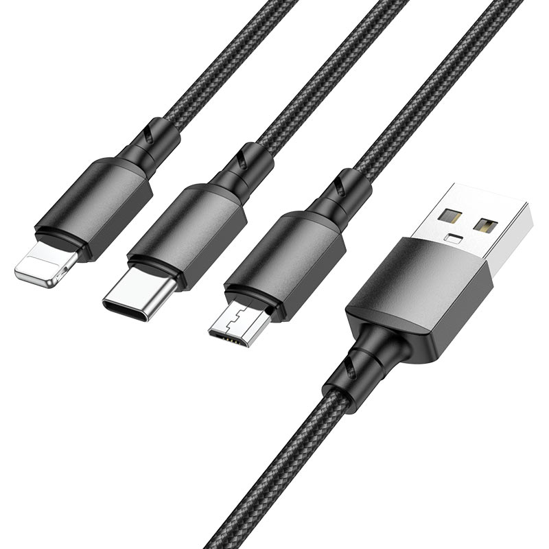 Cablu Borofone (BX72 3-in-1), USB-A to Micro-USB, Type-C, Lightning, Universal, 2A, 1m, Negru