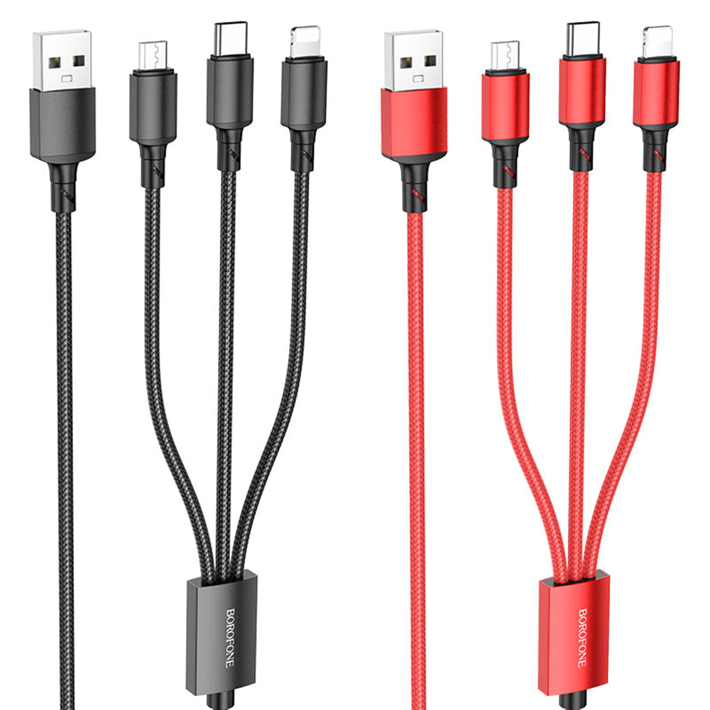 Cablu Borofone (BX72 3-in-1), USB-A to Micro-USB, Type-C, Lightning, Universal, 2A, 1m, Negru
