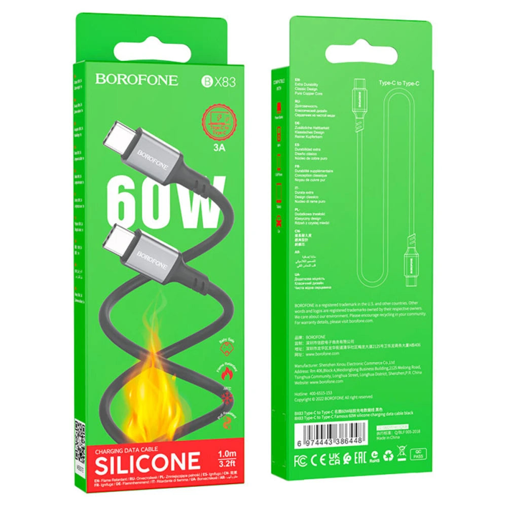 Cablu Borofone (BX83), Type-C to Type-C, Silicone, Universal, 60W, 1m, Negru