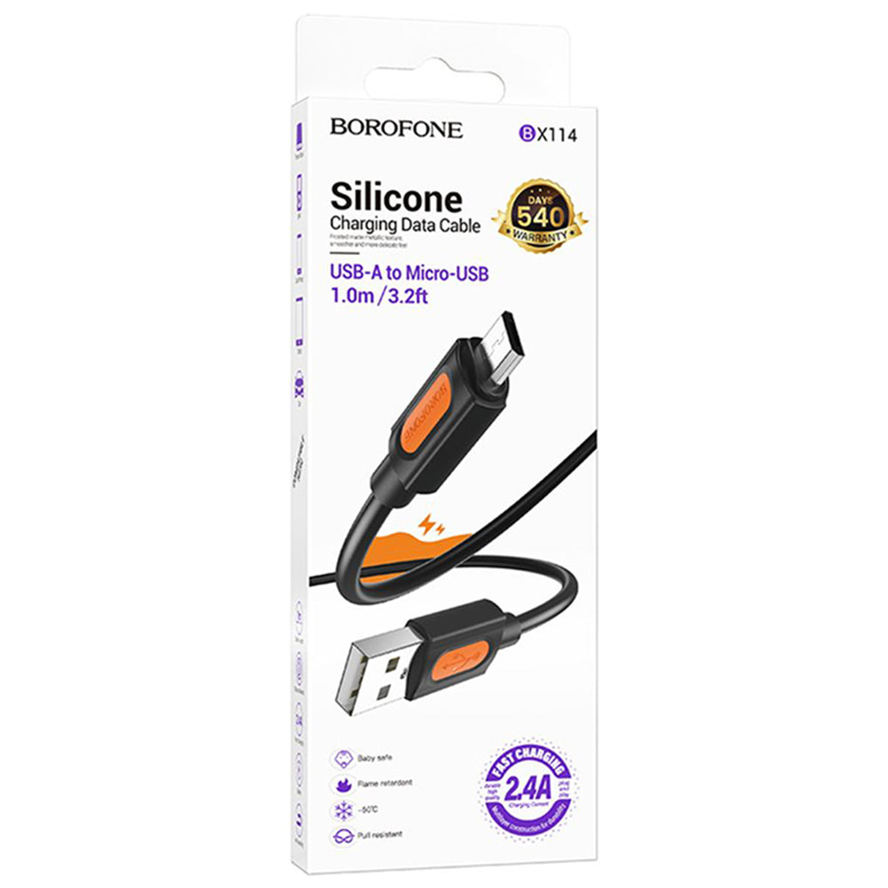 Cablu Borofone Silicone Series (BX114), USB to Micro-USB, Silicone, 2.4A, 1m, Negru
