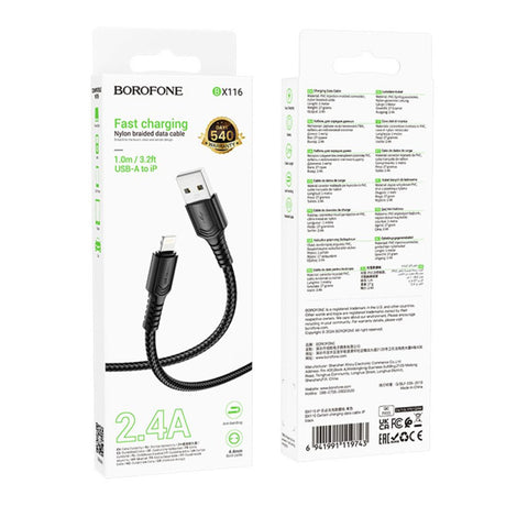 Cablu Borofone Certain Series (BX116), USB to Lightning, Nylon Braided, 2.4A, 1m, Negru