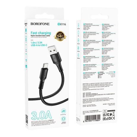 Cablu Borofone Certain Series (BX116), USB to Type-C, Nylon Braided, Fast Charging, 3A, 1m, Negru