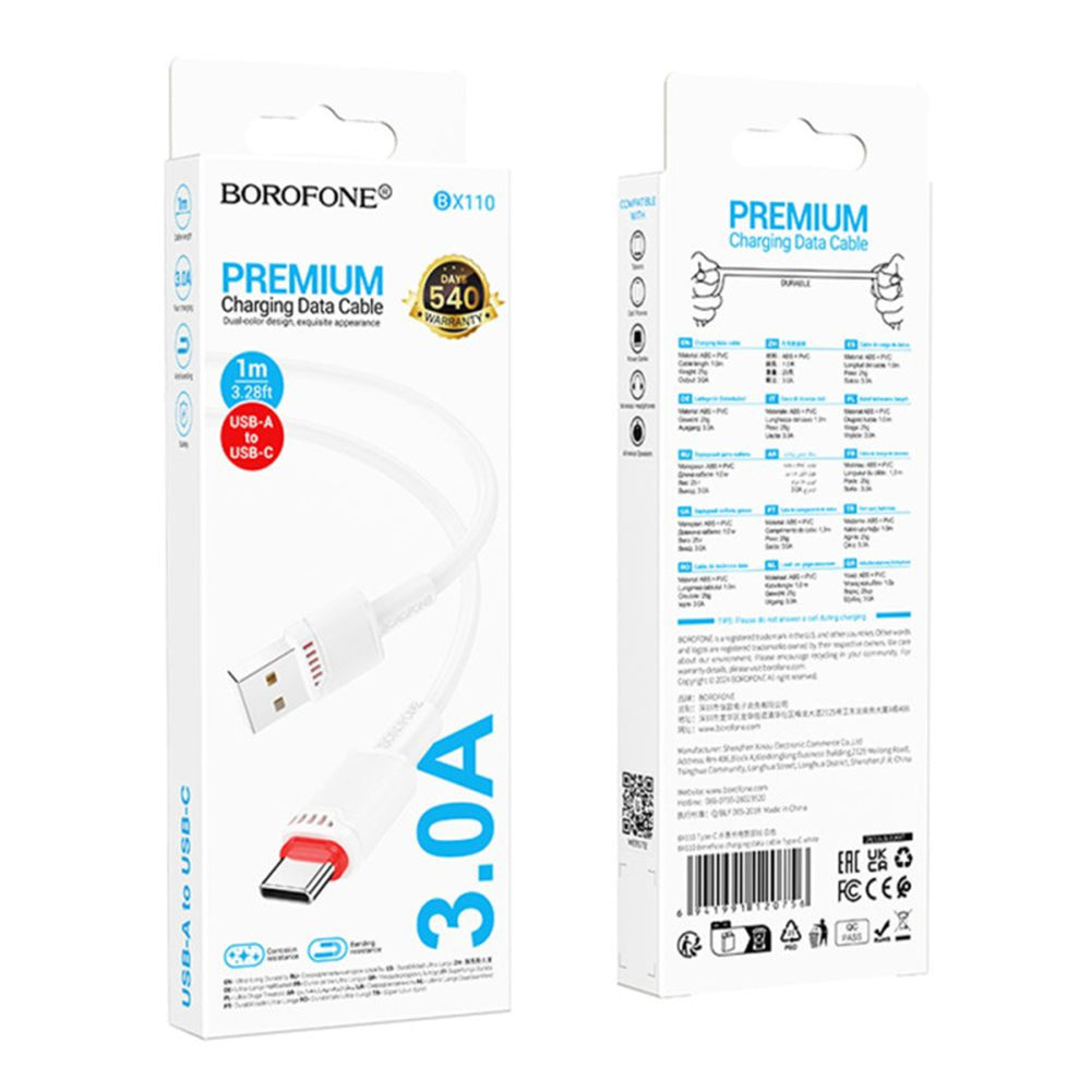 Cablu Borofone Beneficio Series (BX110), Premium Line, USB to Type-C, High-quality, Fast Charging, 3A, 1m, Alb