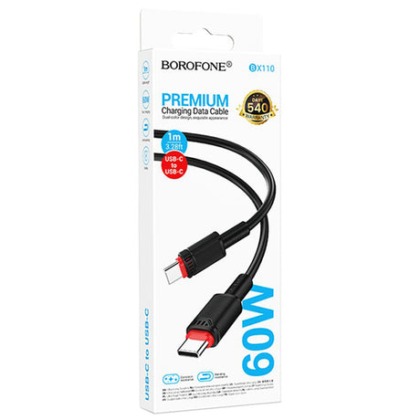 Cablu Borofone Beneficio Series (BX110), Premium Line, Type-C to Type-C, High-quality, Fast Charging, 60W, 1m, Negru