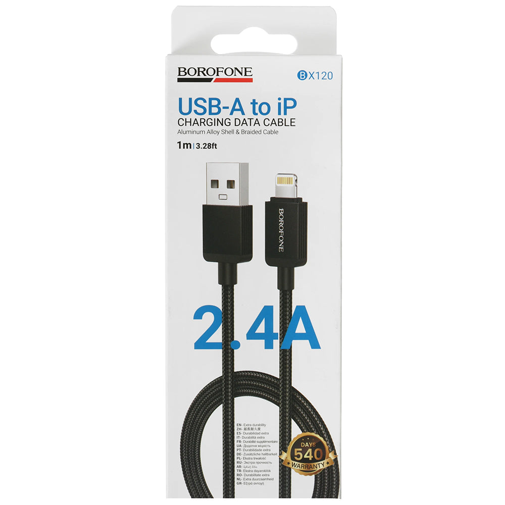 Cablu Borofone Placer Series (BX120), USB to Lightning, Aluminum Alloy Shell, Nylon Braided Cable, 2.4A, 1m, Negru