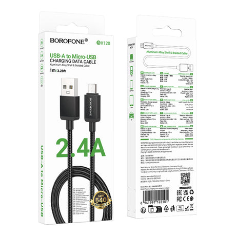 Cablu Borofone Placer Series (BX120), USB to USB-Micro, Aluminum Alloy Shell, Nylon Braided Cable, 2.4A, 1m, Negru
