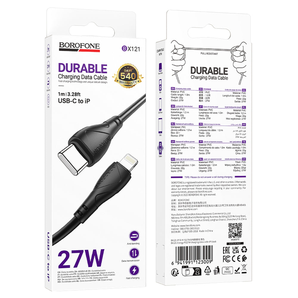 Cablu Borofone Energy Series (BX121), Type-C to Lightning, PVC, 27W, 1m, Negru