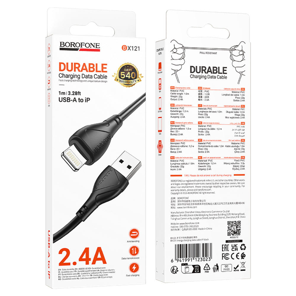 Cablu Borofone Energy Series (BX121), USB to Lightning, PVC, 2.4A, 1m, Negru