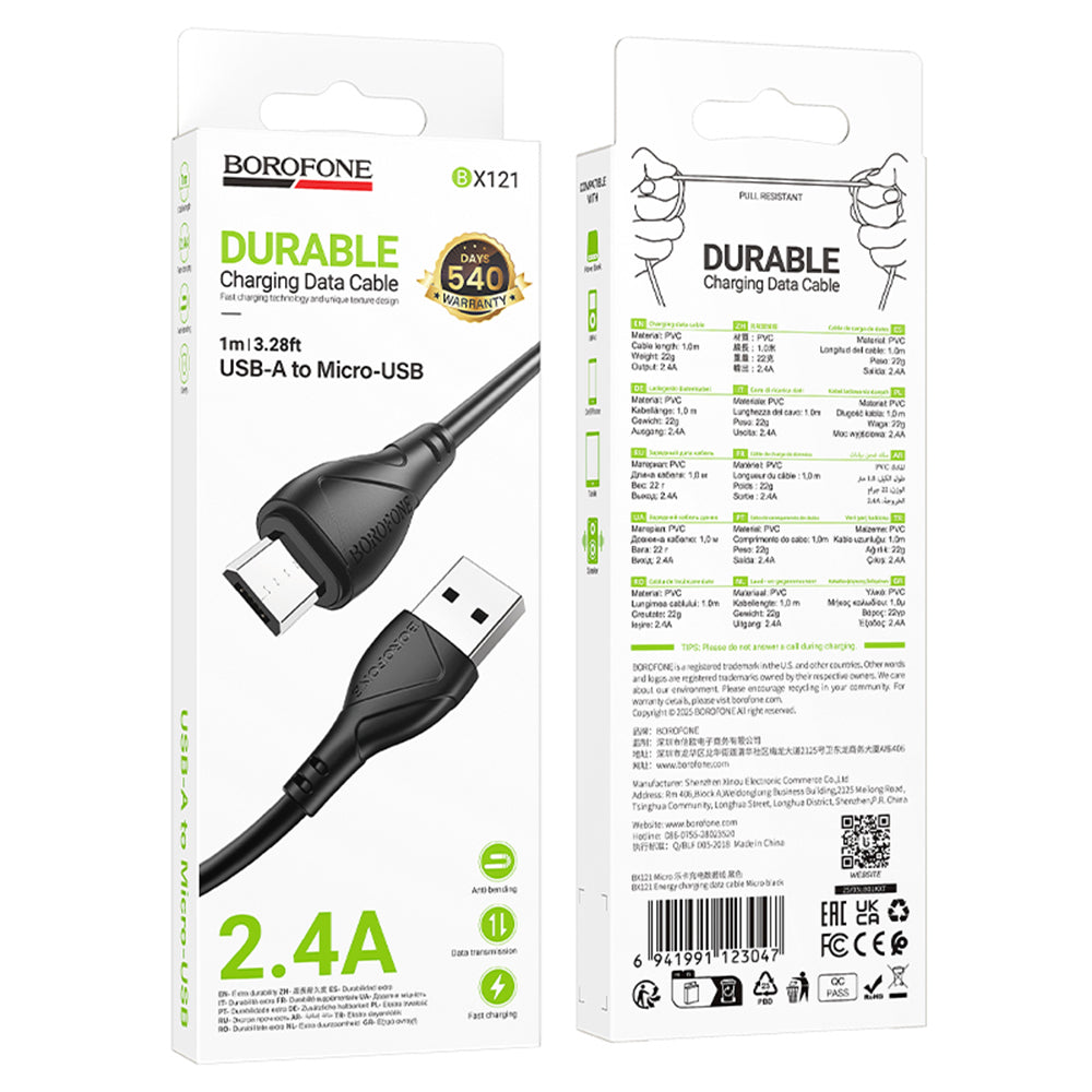 Cablu Borofone Energy Series (BX121), USB to USB-Micro, PVC, 2.4A, 1m, Negru