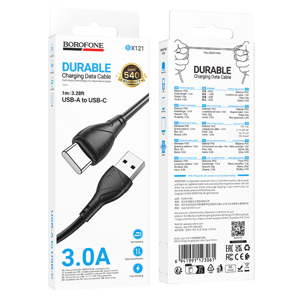 Cablu Borofone Energy Series (BX121), USB to Type-C, PVC, 3A, 1m, Negru
