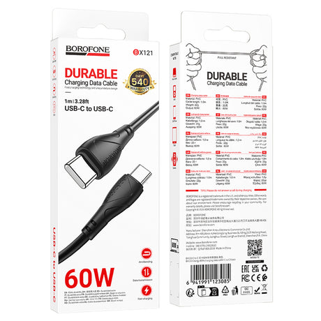 Cablu Borofone Energy Series (BX121), Type-C to Type-C, PVC, 3A, PD 60W, 1m, Negru
