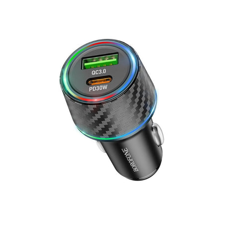 Incarcator Borofone Car Brilliant (BZ21), USB, Type-C, Fast Charge, Dual Port, PD30W, QC3.0, 48W, Built-in LED, Negru