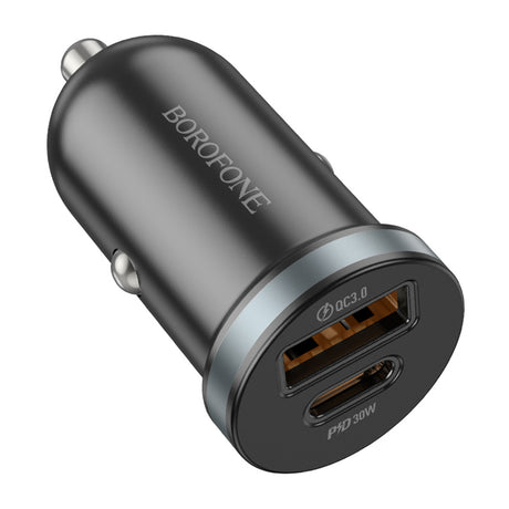Incarcator Borofone Car Scenery (BZ22), USB, Type-C, Fast Charge, Dual Port, PD30W, QC3.0, PC, Aluminum, Negru